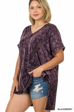 ZENANA Fresh From LA Mineral Wash Rolled Short Sleeve Top (Plus Size)