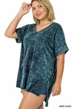 ZENANA Fresh From LA Mineral Wash Rolled Short Sleeve Top (Plus Size)
