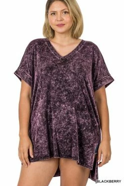 ZENANA Fresh From LA Mineral Wash Rolled Short Sleeve Top (Plus Size)