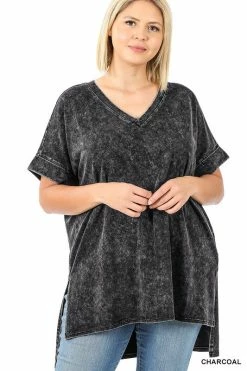 ZENANA Fresh From LA Mineral Wash Rolled Short Sleeve Top (Plus Size)