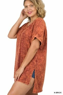 ZENANA Fresh From LA Mineral Wash Rolled Short Sleeve Top (Plus Size)