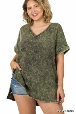 ZENANA Fresh From LA Mineral Wash Rolled Short Sleeve Top (Plus Size)