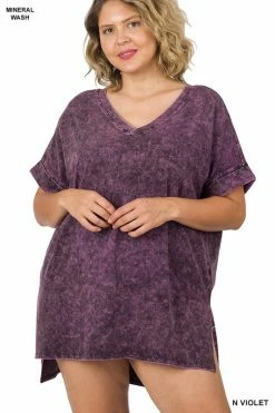 ZENANA Fresh From LA Mineral Wash Rolled Short Sleeve Top (Plus Size)