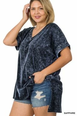 ZENANA Fresh From LA Mineral Wash Rolled Short Sleeve Top (Plus Size)