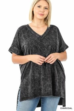 ZENANA Fresh From LA Mineral Wash Rolled Short Sleeve Top (Plus Size)