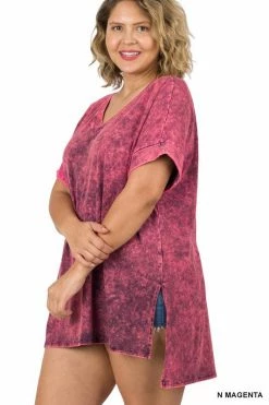 ZENANA Fresh From LA Mineral Wash Rolled Short Sleeve Top (Plus Size)