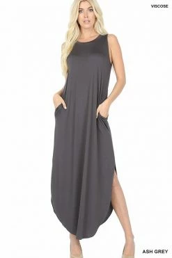 ZENANA VISCOSE SLEEVELESS MAXI DRESS SIDE SLITS POCKETS