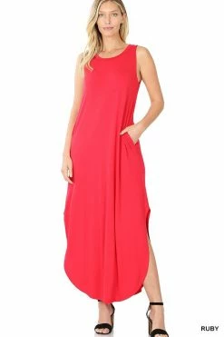 ZENANA VISCOSE SLEEVELESS MAXI DRESS SIDE SLITS POCKETS