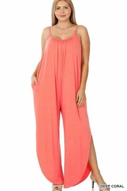 ZENANA Fresh From LA Sleeveless Jumpsuit With Leg Slit (Plus Size)