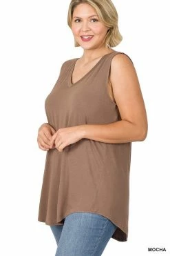 ZENANA Luxe Rayon Sleeveless V Neck Hi Low Top (Plus Size)
