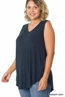 ZENANA Luxe Rayon Sleeveless V Neck Hi Low Top (Plus Size)