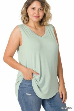 ZENANA Luxe Rayon Sleeveless V Neck Hi Low Top (Plus Size)