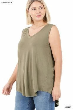 ZENANA Luxe Rayon Sleeveless V Neck Hi Low Top (Plus Size)