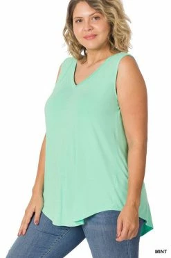ZENANA Luxe Rayon Sleeveless V Neck Hi Low Top (Plus Size)