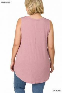 ZENANA Luxe Rayon Sleeveless V Neck Hi Low Top (Plus Size)