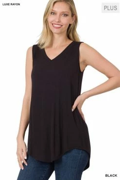 ZENANA Luxe Rayon Sleeveless V Neck Hi Low Top (Plus Size)