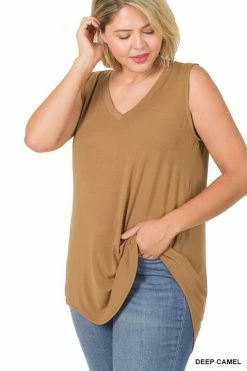 ZENANA Luxe Rayon Sleeveless V Neck Hi Low Top (Plus Size)