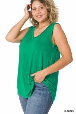 ZENANA Luxe Rayon Sleeveless V Neck Hi Low Top (Plus Size)