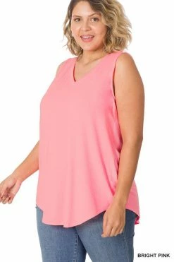 ZENANA Luxe Rayon Sleeveless V Neck Hi Low Top (Plus Size)