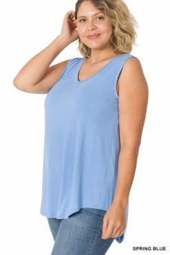 ZENANA Luxe Rayon Sleeveless V Neck Hi Low Top (Plus Size)