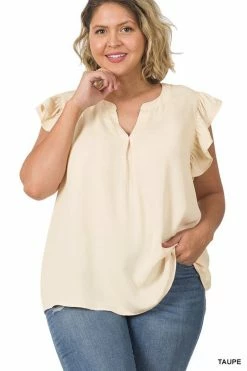 ZENANA Fresh From LA Woven Ruffle Sleeve High Low Top (Plus Size)
