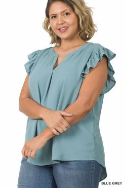 ZENANA Fresh From LA Woven Ruffle Sleeve High Low Top (Plus Size)