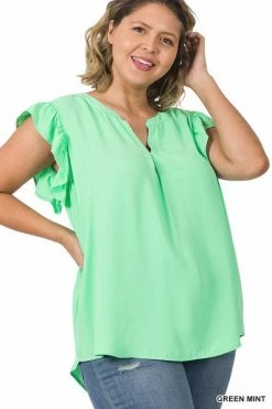 ZENANA Fresh From LA Woven Ruffle Sleeve High Low Top (Plus Size)