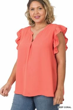 ZENANA Fresh From LA Woven Ruffle Sleeve High Low Top (Plus Size)
