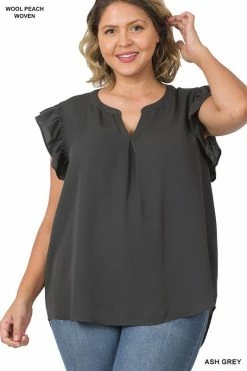ZENANA Fresh From LA Woven Ruffle Sleeve High Low Top (Plus Size)