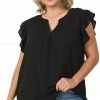 ZENANA Fresh From LA Woven Ruffle Sleeve High Low Top (Plus Size)