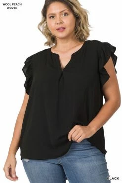 ZENANA Fresh From LA Woven Ruffle Sleeve High Low Top (Plus Size)