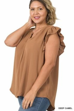 ZENANA Fresh From LA Woven Ruffle Sleeve High Low Top (Plus Size)