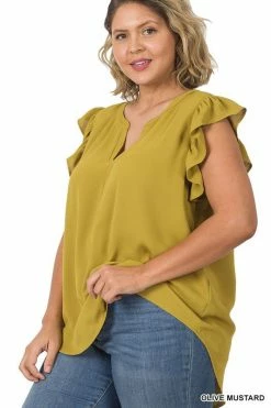 ZENANA Fresh From LA Woven Ruffle Sleeve High Low Top (Plus Size)