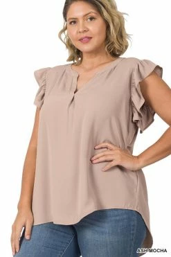ZENANA Fresh From LA Woven Ruffle Sleeve High Low Top (Plus Size)