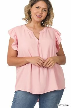 ZENANA Fresh From LA Woven Ruffle Sleeve High Low Top (Plus Size)