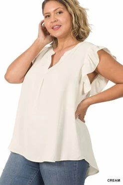 ZENANA Fresh From LA Woven Ruffle Sleeve High Low Top (Plus Size)