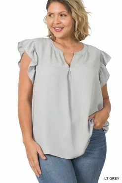 ZENANA Fresh From LA Woven Ruffle Sleeve High Low Top (Plus Size)
