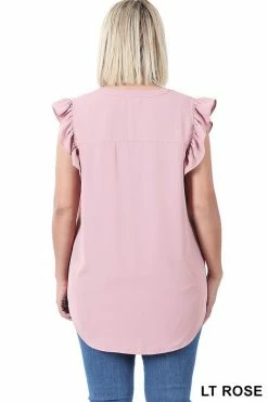 ZENANA Fresh From LA Woven Ruffle Sleeve High Low Top (Plus Size)