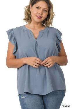 ZENANA Fresh From LA Woven Ruffle Sleeve High Low Top (Plus Size)