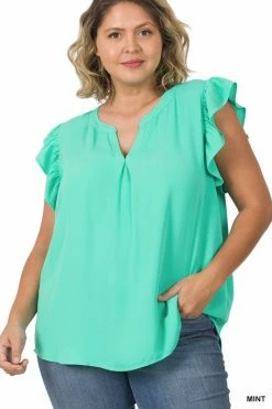ZENANA Fresh From LA Woven Ruffle Sleeve High Low Top (Plus Size)
