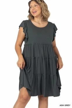 ZENANA Ruffle Sleeve Tiered Dress (Plus Size)