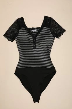 Trendsi Fresh From LA Lovey Dovey Striped Lace Trim Bodysuit