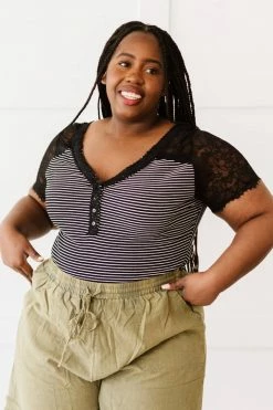 Trendsi Fresh From LA Lovey Dovey Striped Lace Trim Bodysuit