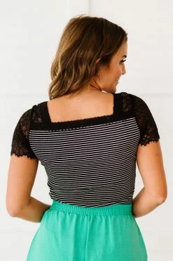 Trendsi Fresh From LA Lovey Dovey Striped Lace Trim Bodysuit