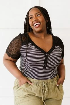 Trendsi Fresh From LA Lovey Dovey Striped Lace Trim Bodysuit