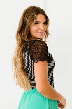 Trendsi Fresh From LA Lovey Dovey Striped Lace Trim Bodysuit