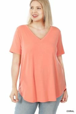 ZENANA Short Sleeve V Neck Round Hem Top (Plus Size) Fresh From LA