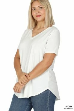 ZENANA Short Sleeve V Neck Round Hem Top (Plus Size) Fresh From LA