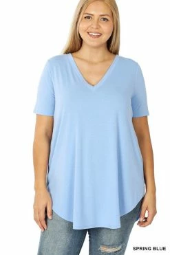 ZENANA Short Sleeve V Neck Round Hem Top (Plus Size) Fresh From LA