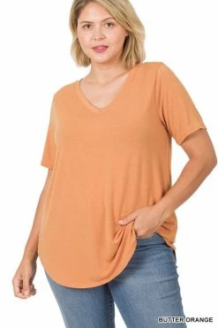ZENANA Short Sleeve V Neck Round Hem Top (Plus Size) Fresh From LA